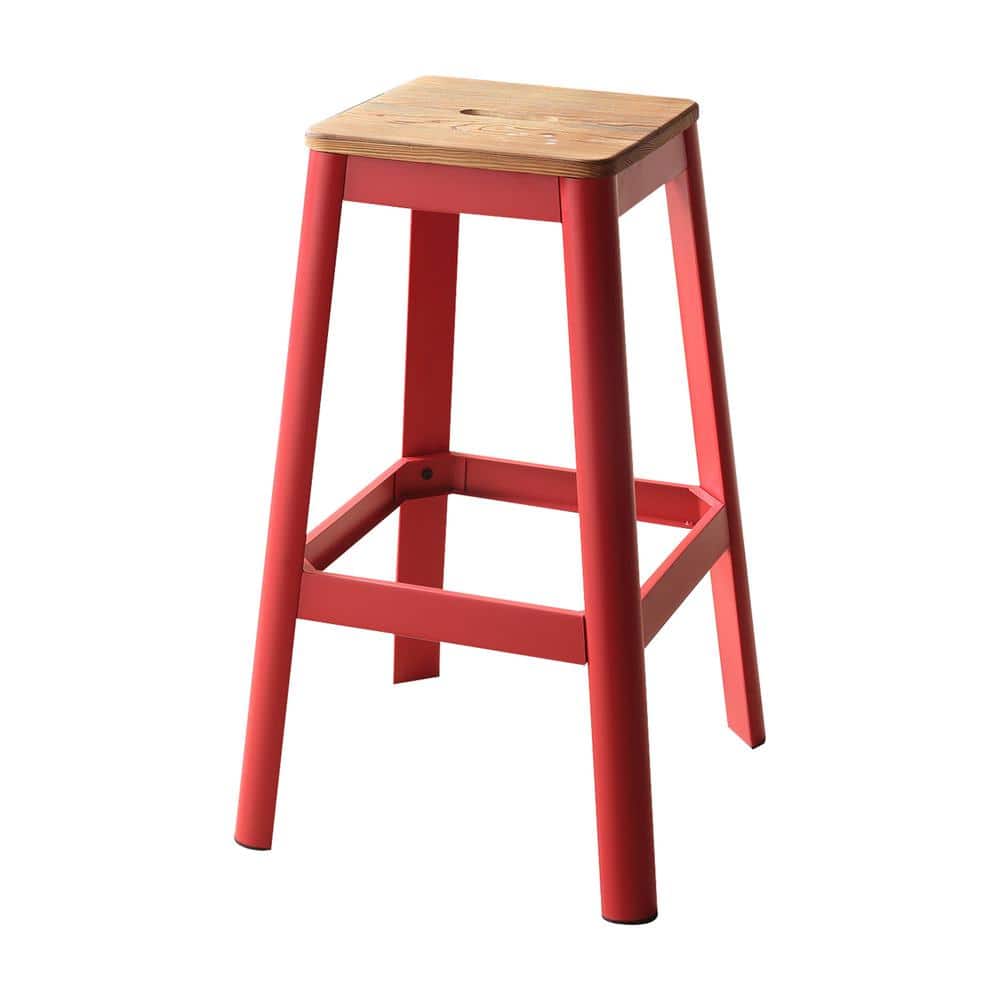 Red and Natural Pine Wood Backless Bar Stool with Metal Frame
