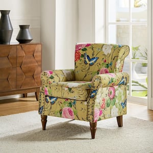 Auria Contemporary Mustard Polyester Arm Chair with Nailhead Trim and Turned Legs