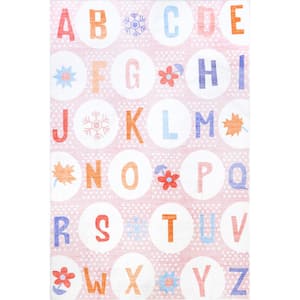 Essi Alphabet Machine Washable Kids Pink Doormat 3 ft. x 5 ft. Accent Rug