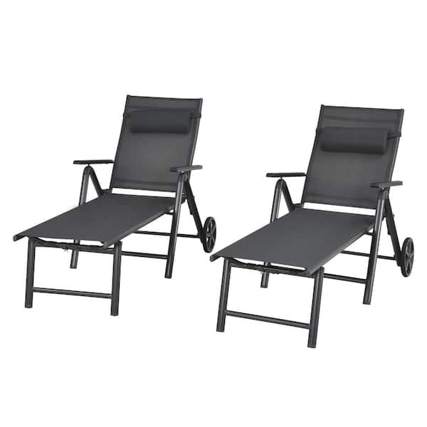 HONEY JOY Folding Outdoor Lounge Chair Patio Portable Longer with Wheels and Adjustable Backrest (Set of 2)