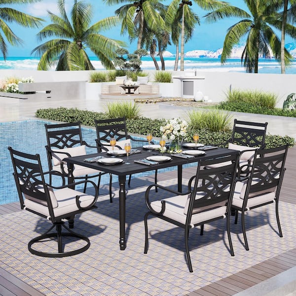 PHI VILLA Black 7-Piece Metal Patio Outdoor Dining Set with Black Frame Slat Table and Swivel Chair with Beige Cushions