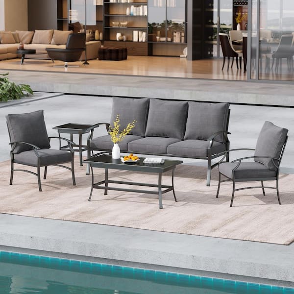 5-Piece Black Metal Frame Outdoor Patio Furniture Set with Armchairs, Gray Sofa and Coffee Tables