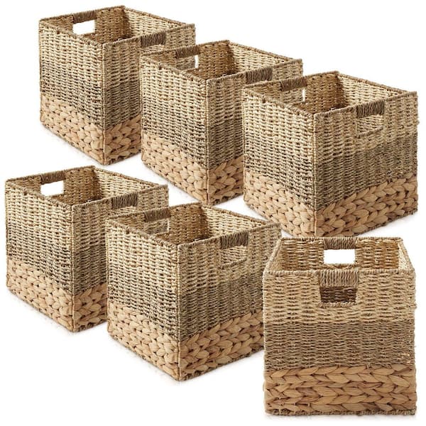 Brown Mixed Weave 12 in. x 12 in. Wicker Hyacinth Decorative Basket Storage Cube Set of 6