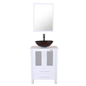 24 in. W x 20 in. D x 32 in. H Single Sink Bath Vanity in White with Brown Vessel Sink Top ORB Faucet and Mirror