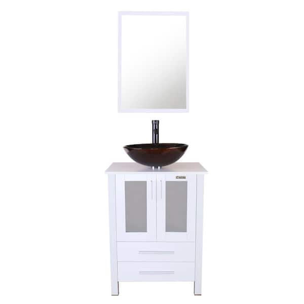 eclife 24 in. W x 20 in. D x 32 in. H Single Sink Bath Vanity in White with Brown Vessel Sink Top ORB Faucet and Mirror