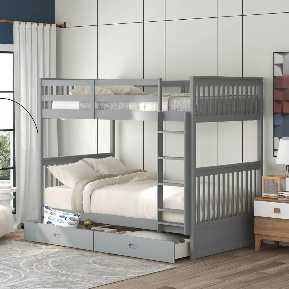 Polibi Gray Twin-Over-Twin Bunk Bed with Ladders and 2 Storage Drawers ...