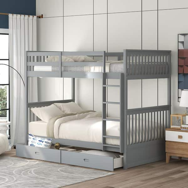 Polibi Gray Twin-Over-Twin Bunk Bed with Ladders and 2 Storage Drawers