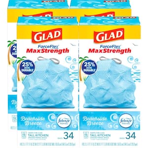 Force Flex MaxStrength Tall Kitchen DS Trash Bags, 13  Gal., Beachside Breeze with Febreze Freshness, 34 Ct (4-Pack)