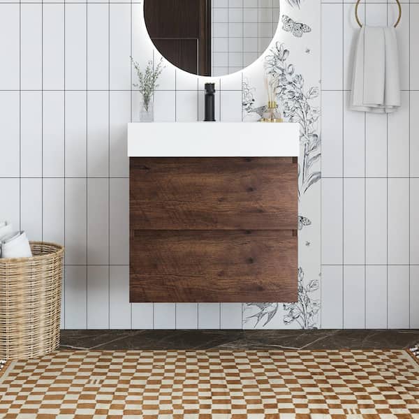 Unbranded 24 in. W x 18 in. D x 25 in. H Single Sink Wall Mounted Bath Vanity in Walnut with White Cultured Marble Top