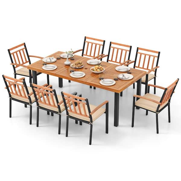 ANGELES HOME 9-Piece Acacia Wood Metal Patio Outdoor Dining Set with Beige Cushions, 79 in. L Table with Umbrella Hole