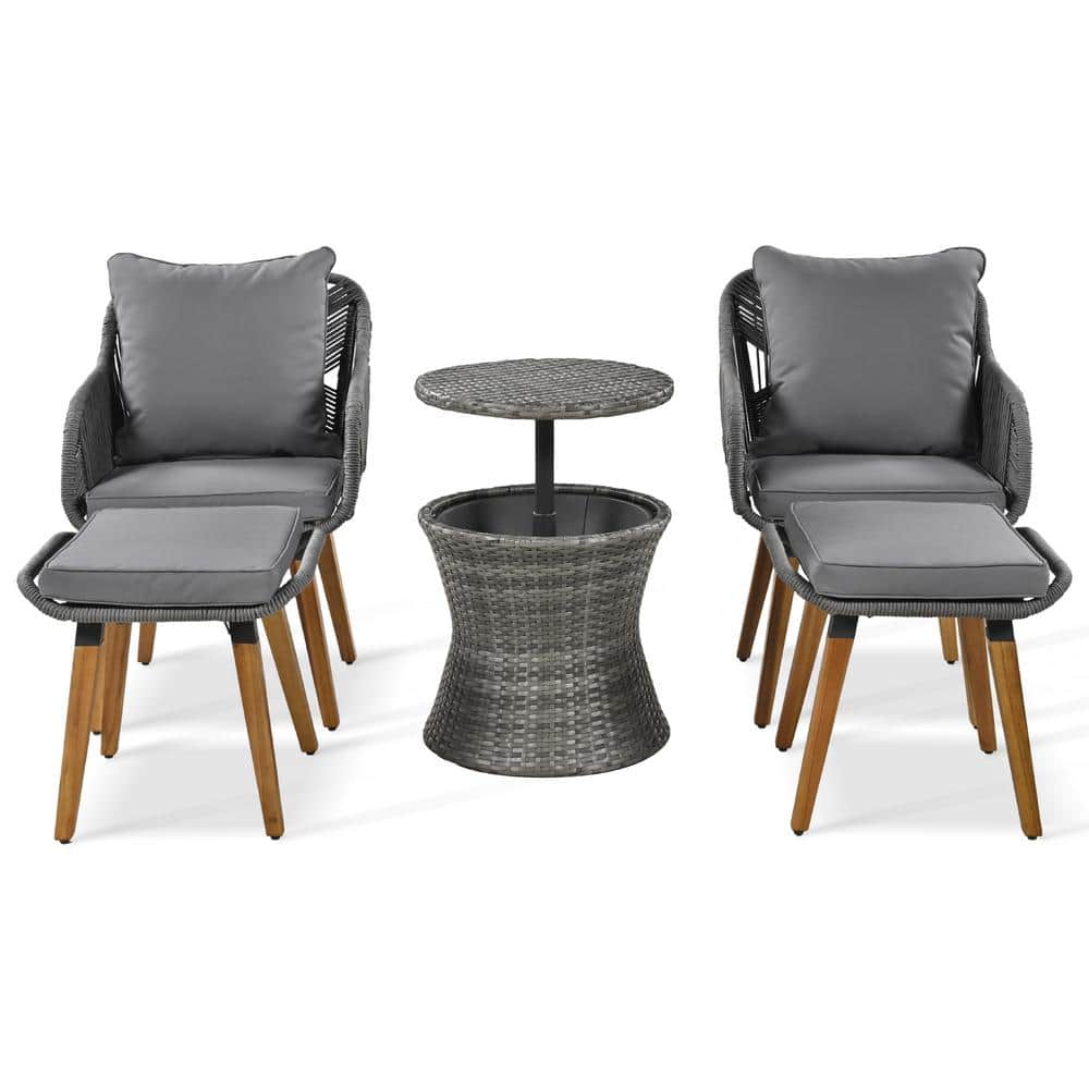 Grey 5-Piece Metal Patio Conversation Set with Bar Table, Ottomans, Grey Cu