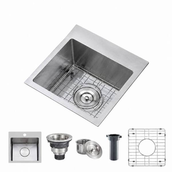 15 in. Drop-In Single Bowl 16-Gauge Handmade Stainless Steel Bar Sink for Wet Bar and RV with Grid