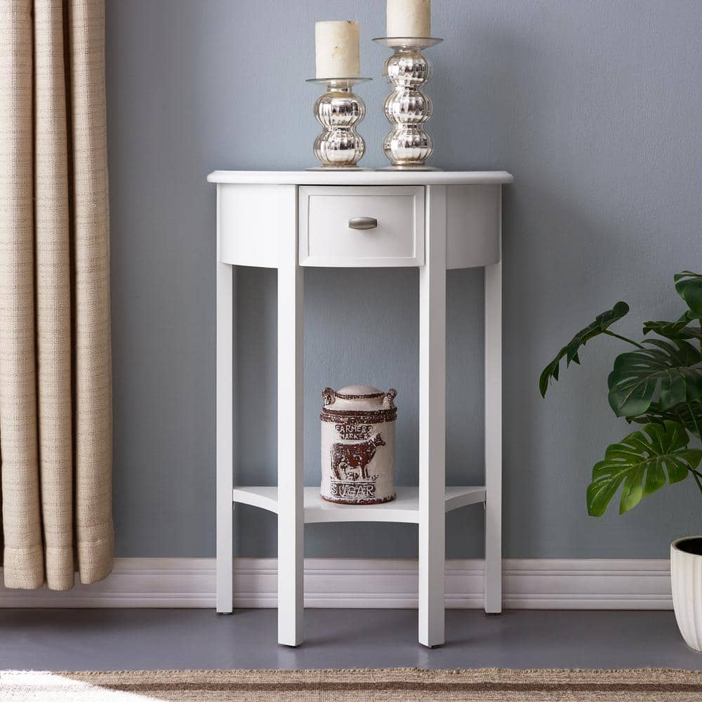 Cottage White Wood Demilune Console Table with Storage Drawer