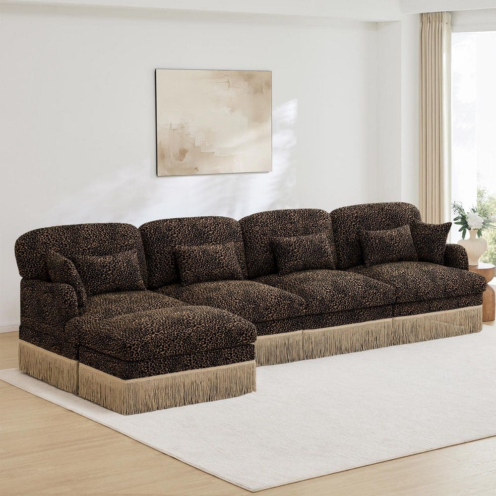 Tucson 131.5 in. 4-Seat Leopard Print Chenille Sectional Sofa Set with Tassel Trim and Ottomans,in Warm Brown Leopard price history on PriceWatchPro