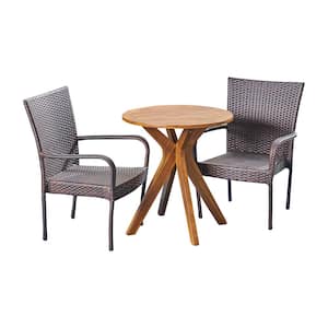 Sanders Multi-Brown 3-Piece Wood and Faux Rattan Outdoor Bistro Set