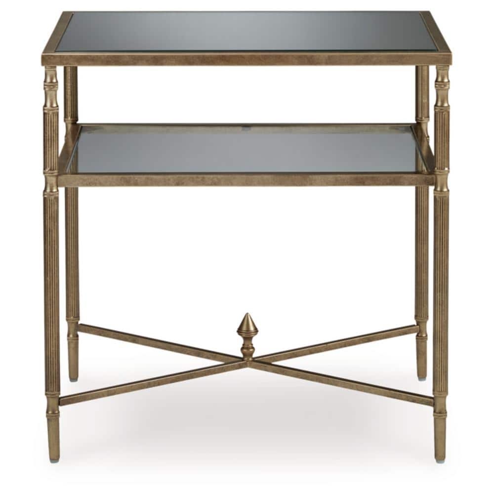 Gold Rectangular Glass and Metal End Table with Mirror Shelf