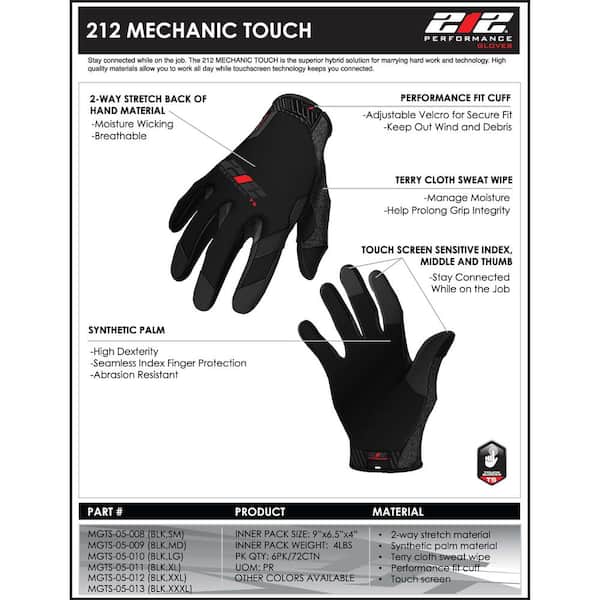 212 Performance Mechanic Touch Work Gloves Large Black Use your phone while wear 