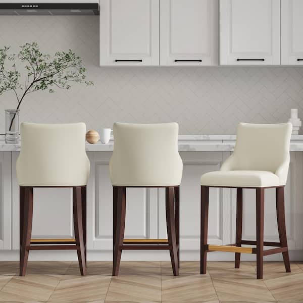 Manhattan Comfort Shubert 29.13 in. Ivory Beech Wood Bar Stool with Faux Leather Upholstered Seat (Set of 3)