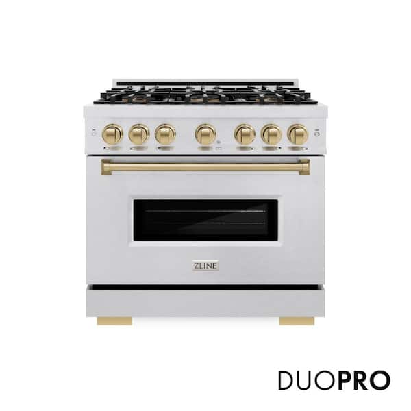 Autograph 36 in. Classic Gas Range with DuoPro Cooktop and Convection Oven in Satin Steel and Bronze Accents