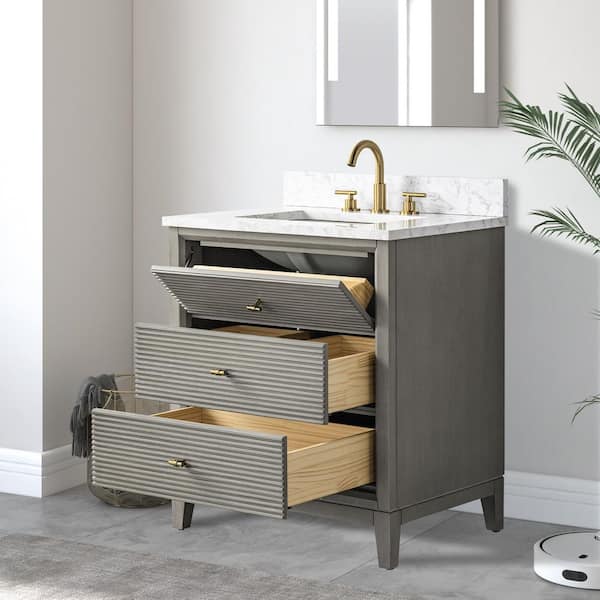30 in. W x 34 in. H Single Sink Driftwood Gray Bath Vanity Cabinet with Arabescato White Engineered Marble Top