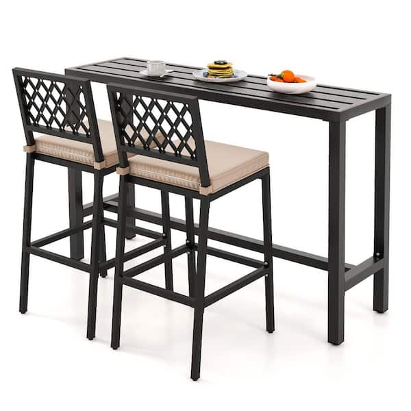 Gymax 3 Piece Metal Outdoor Serving Bar Table & Chairs Set Patio Dining Table Set with Beige Cushion