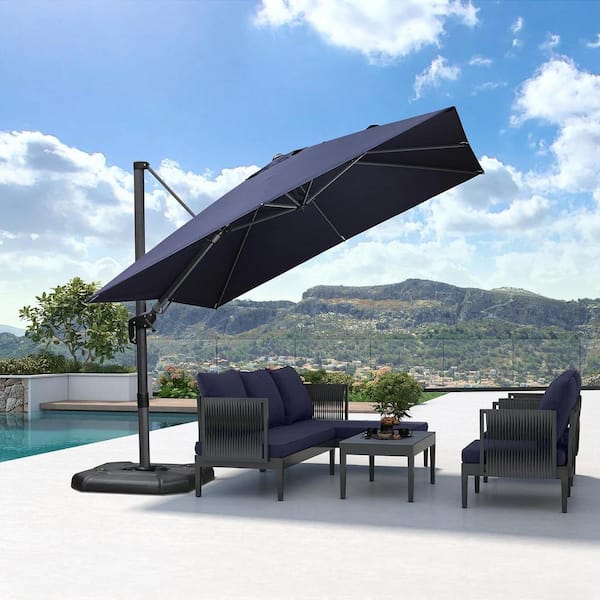10 ft. Square Cantilever Patio Umbrella Swivel Aluminum Offset 360° Rotation Umbrella with Base, Navy Blue