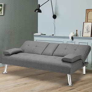66 in. Light Gray Linen Convertible Twin Sleeper Sofa Bed with 2-Cup holders