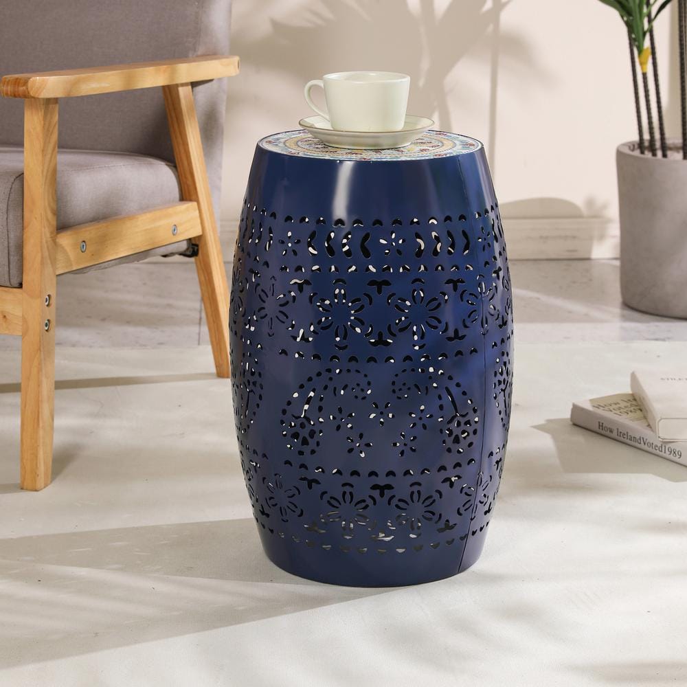 Noble House Jaris Dark Blue Iron Outdoor Patio and Indoor Side Table with Mosaic Top Design