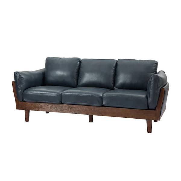 JAYDEN CREATION 81 in. Olenides Navy Genuine Leather Sofa with Solid Wood Legs