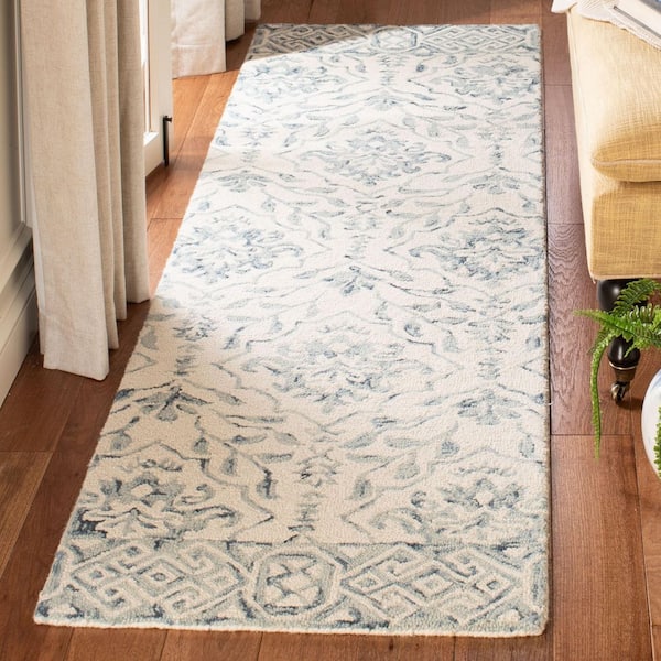 Dip Dye Blue/Ivory 2 ft. x 18 ft. Border Floral Medallion Runner Rug