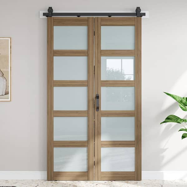 48 in. x 84 in. 5-Lite Tempered Frosted Glass Solid Core MDF Wood Brown Finished Bi-fold Door with Hardware