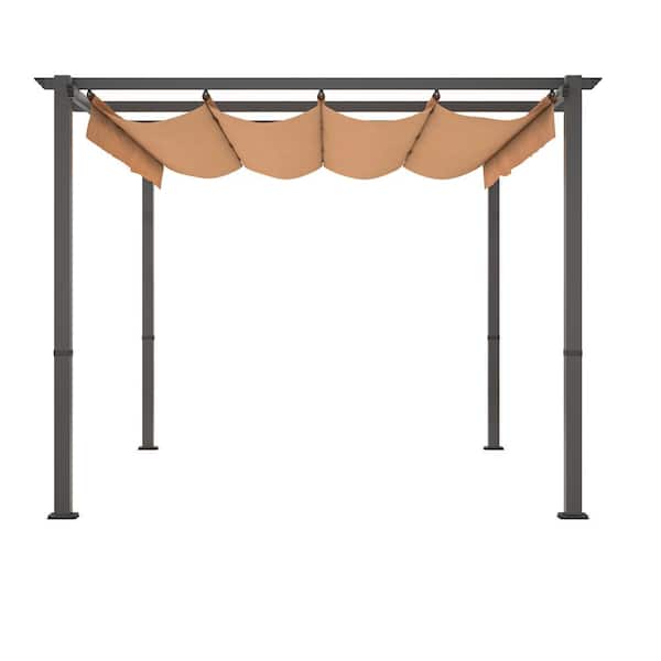 13 ft. x 10 ft. Aluminum Patio Pergola with Retractable Pergola Canopy, Backyard Shade Shelter Grill Gazebo, Khaki