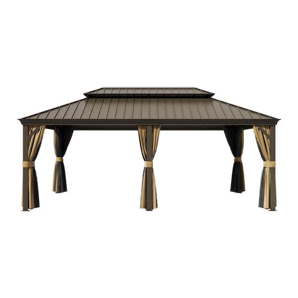 14 ft. x 20 ft. Double Galvanized Steel Roof Aluminum Frame Outdoor Patio Hardtop Gazebo with Netting and Curtains