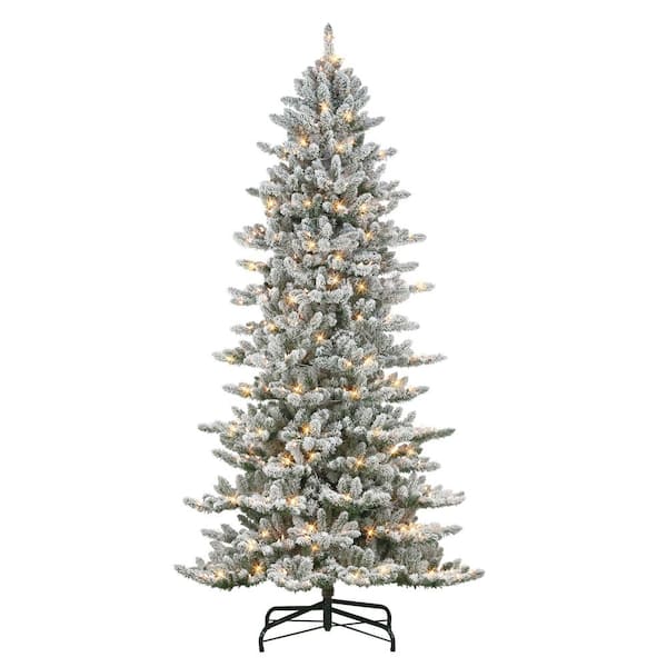 Puleo International 9 ft. Green Pre-Lit Flocked Royal Majestic Slim Artificial Christmas Tree with 600 Clear Incandescent Lights