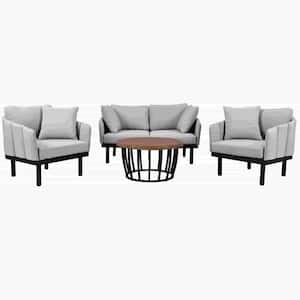 Modern 4-Piece Outdoor Iron Frame Conversation Set with Gray Cushions, Wood Round Table for Backyard, Deck, Poolside