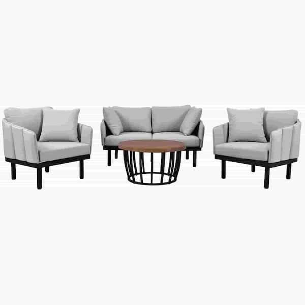 Zeus & Ruta Modern 4-Piece Outdoor Iron Frame Conversation Set with Gray Cushions, Wood Round Table for Backyard, Deck, Poolside