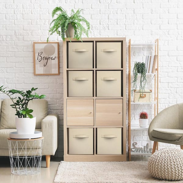 Storage Cubes with Handles, Beige 13 in. W x 13 in. H Fabric Decorative Basket Set of 8, Large Foldable Closet Organizer