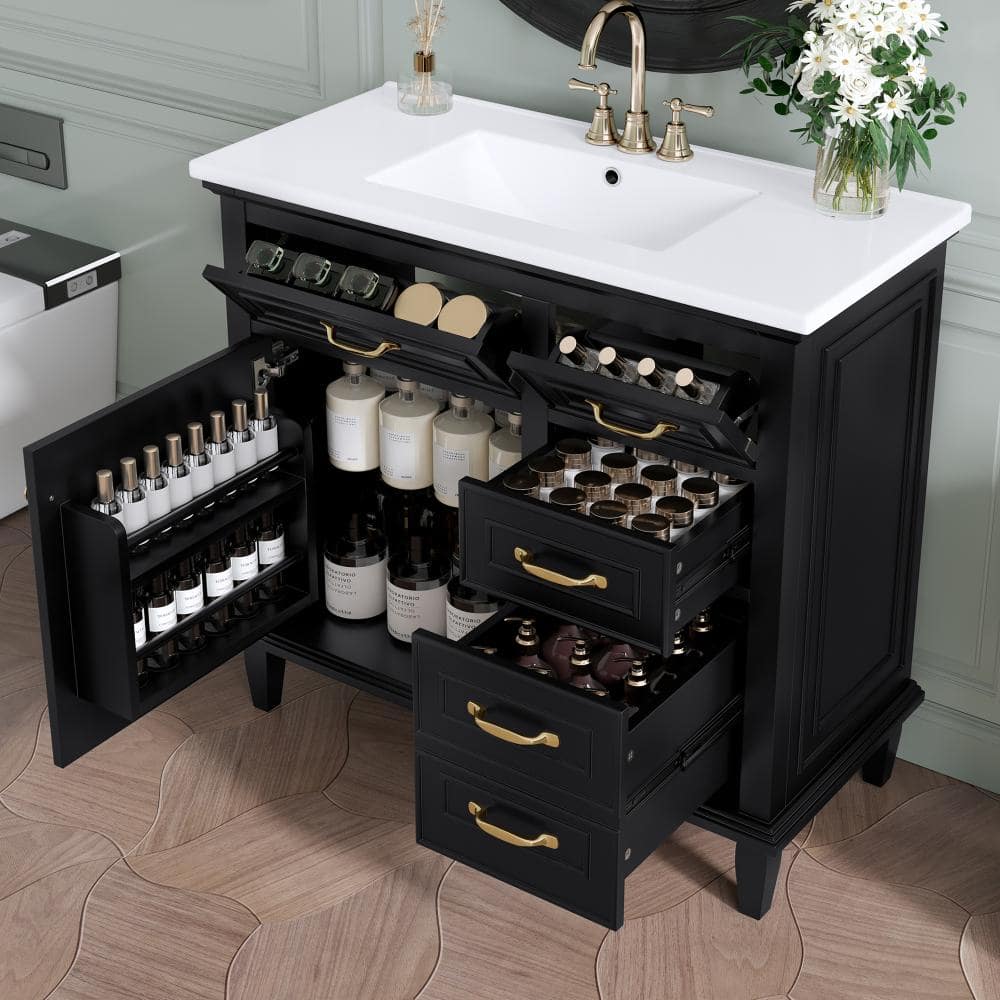 36" Freestanding Bathroom Vanity with Ceramic Sink, Flip Drawers, Adjustable Shelf, Zinc Alloy Handles, No Faucet