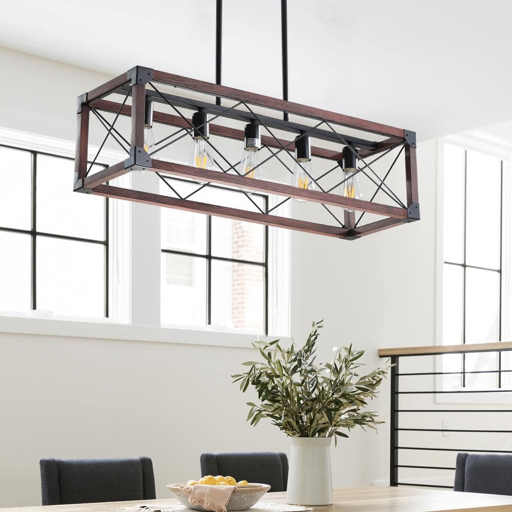 "32"" Red Wood Farmhouse Rectangle Pendant Light – 5-Light Chandelier for Dining Room & Kitchen Island" price history on PriceWatchPro