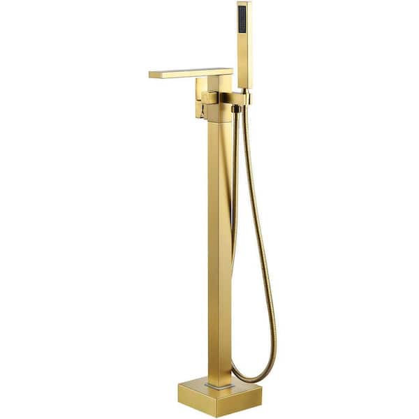 Single-Handle Freestanding Floor Mount Roman Tub Faucet Bathtub Filler with Hand Shower in. Brushed Gold