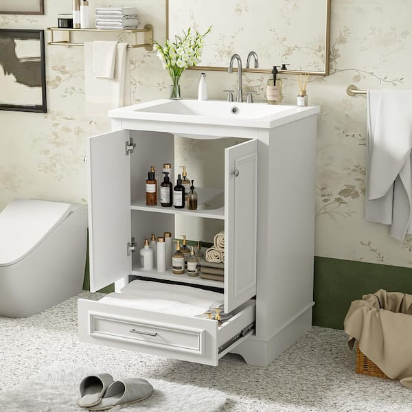 24 in. Single Sink Freestanding Black Bath Vanity with White Ceramic Top and One Drawer Storage Door Cabinet Unassembled
