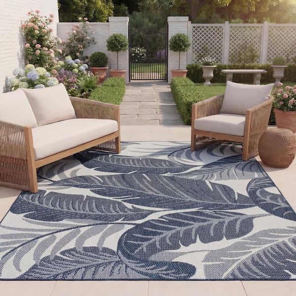 Beach House 5 ft. x 8 ft. Navy/Ivory Oversized Botanical Indoor/Outdoor Area Rug