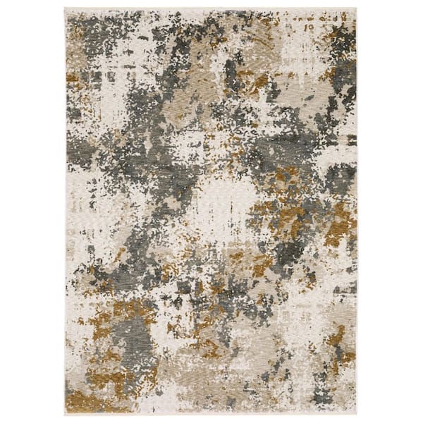 10 ft. x 13 ft. Beige And Gray Abstract Distressed with Fringe Area Rug