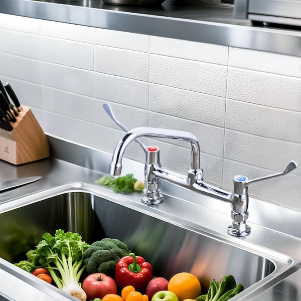 8 in. Center Double Handle Deck Mounted Brass Commercial Standard Kitchen Faucet w/ 8 in. Swviel Spout in PolishedChrome