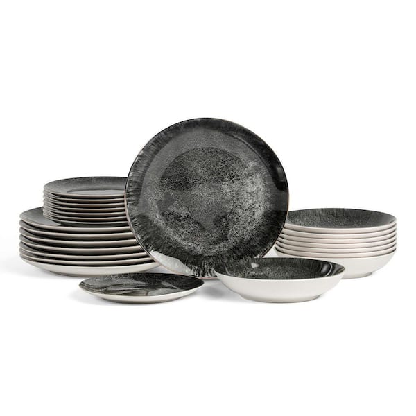 Onyx 24-Piece Black and Gold Porcelain Full Set (Service for 8)