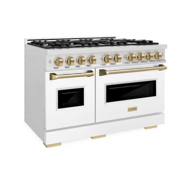 Autograph 48 in. Classic Double Oven Dual Fuel Range with 8 Burners in Satin Steel with White Doors and Bronze Accents