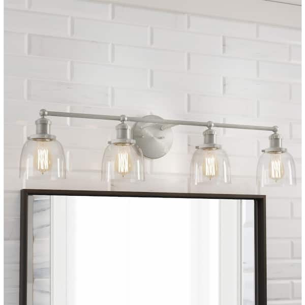 Evelyn 37.5 in. 4-Light Brushed Nickel Industrial Vanity with Clear Glass Shades