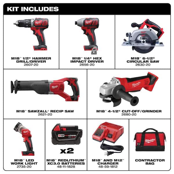 M18 18V Lithium-Ion Cordless Combo Tool Kit (6-Tool) with Two 3.0 Ah Batteries, 1 Charger, 1 Tool Bag