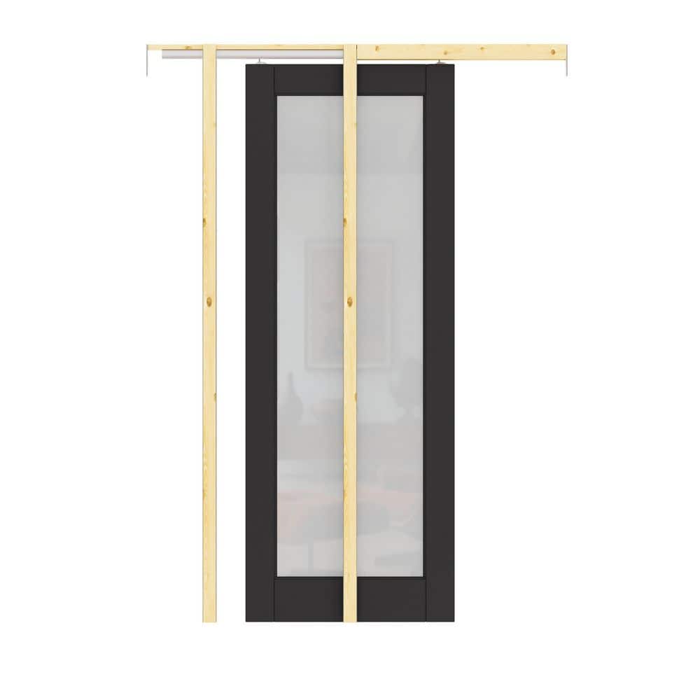 32 in. x 80 in. 1-Lite Frosted Glass Black Primed Wood Sliding Pocket Door with Door Hardware Kit (Soft Close Included) price history on PriceWatchPro
