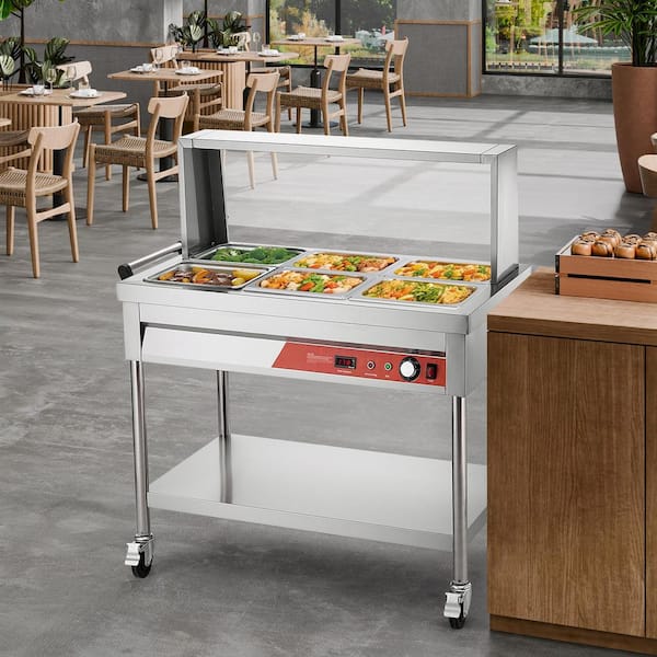 6-Pan Commercial Food Warmer, 6 x 1/2 Pans Electric Steam Table, 1500-Watt Buffet Catering Warmer with Undershelf Shield